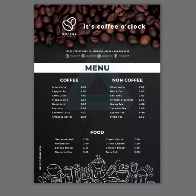 Bảng menu quán cafe kỹ thuật số hiện đại, hiển thị đồ uống và giá